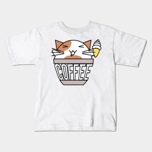 Cat in coffee cup with warped text holding ice cream white and orange Kids T-Shirt